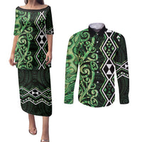 Green Aotearoa Couples Matching Puletasi and Long Sleeve Button Shirt Taniko Motifs With Paua Shell Kowhaiwhai