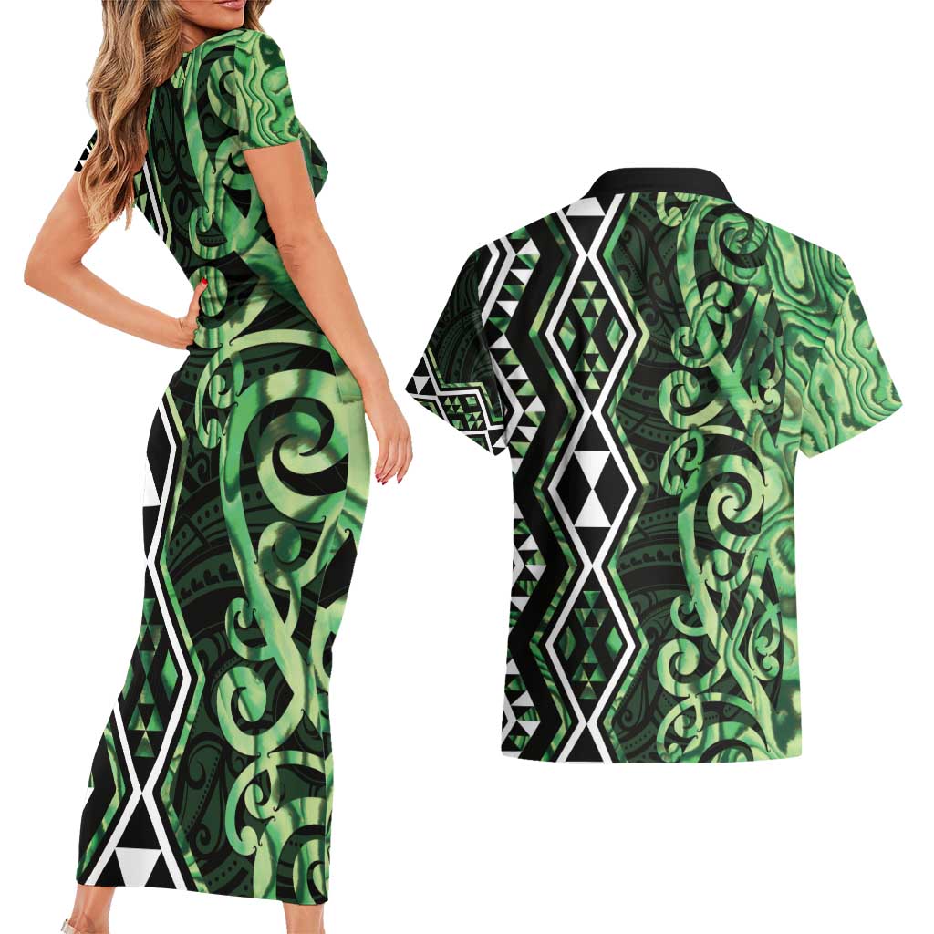Green Aotearoa Couples Matching Short Sleeve Bodycon Dress and Hawaiian Shirt Taniko Motifs With Paua Shell Kowhaiwhai
