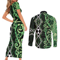 Green Aotearoa Couples Matching Short Sleeve Bodycon Dress and Long Sleeve Button Shirt Taniko Motifs With Paua Shell Kowhaiwhai