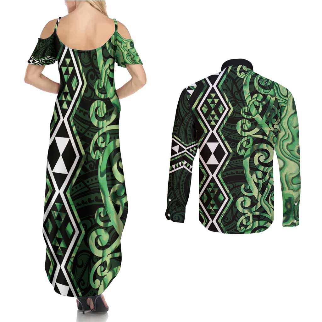 Green Aotearoa Couples Matching Summer Maxi Dress and Long Sleeve Button Shirt Taniko Motifs With Paua Shell Kowhaiwhai