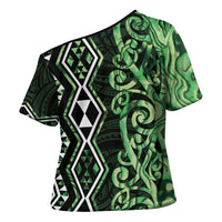 Green Aotearoa Cross Shoulder Shirt Taniko Motifs With Paua Shell Kowhaiwhai - Polynesian Pride