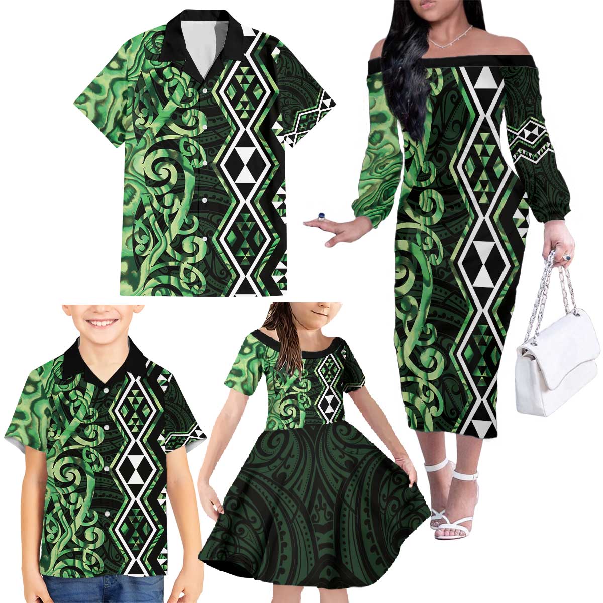 Green Aotearoa Family Matching Off The Shoulder Long Sleeve Dress and Hawaiian Shirt Taniko Motifs With Paua Shell Kowhaiwhai