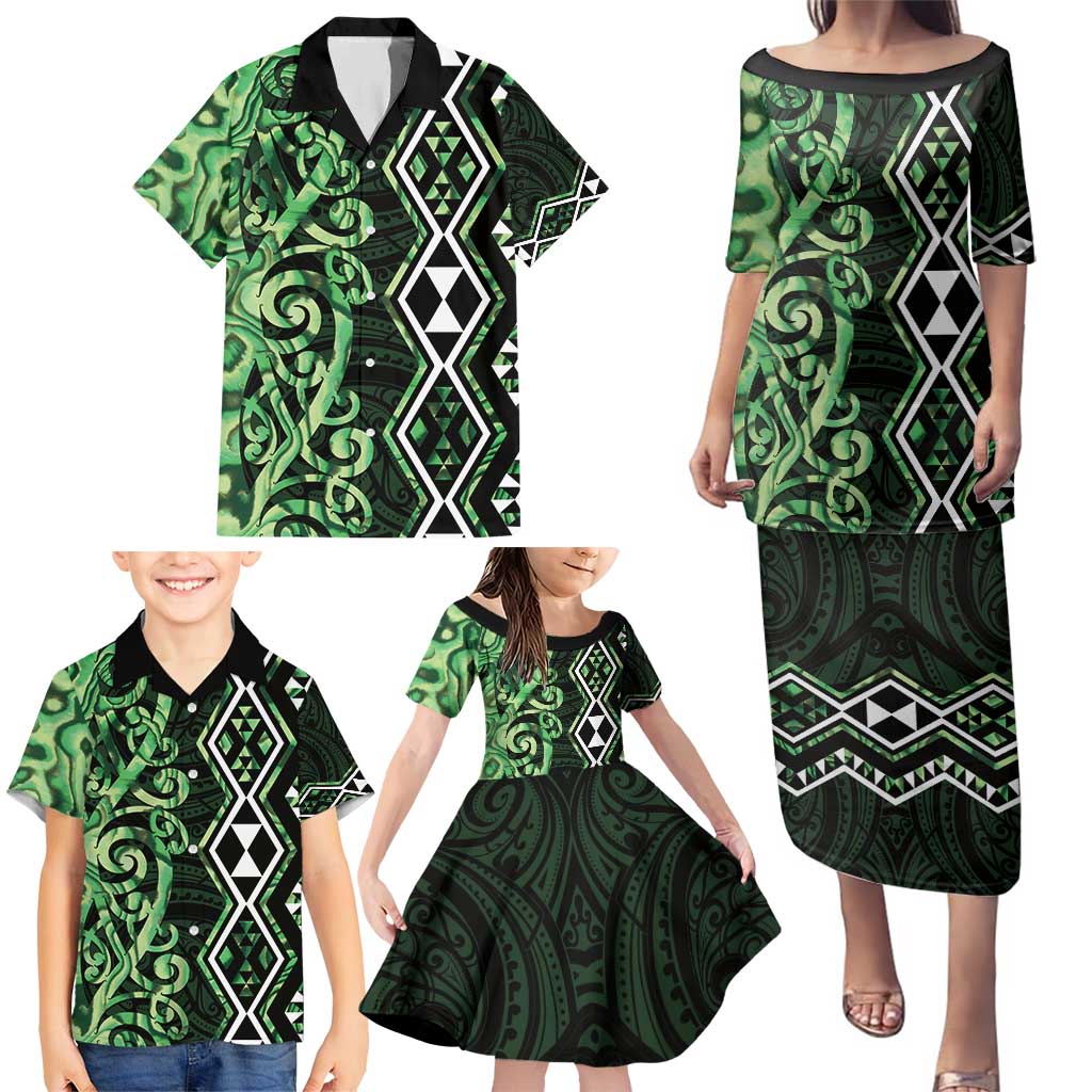 Green Aotearoa Family Matching Puletasi and Hawaiian Shirt Taniko Motifs With Paua Shell Kowhaiwhai