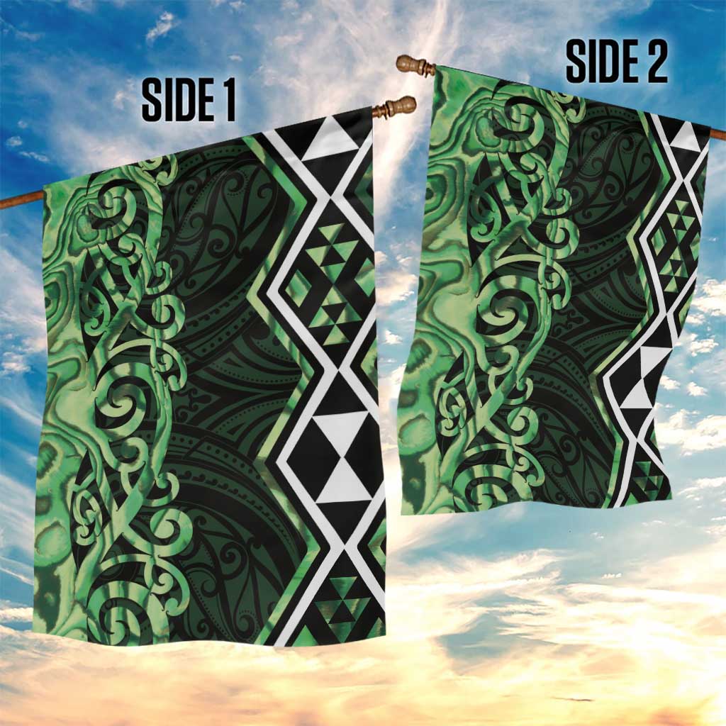 Green Aotearoa Garden Flag Taniko Motifs With Paua Shell Kowhaiwhai LT14 - Polynesian Pride