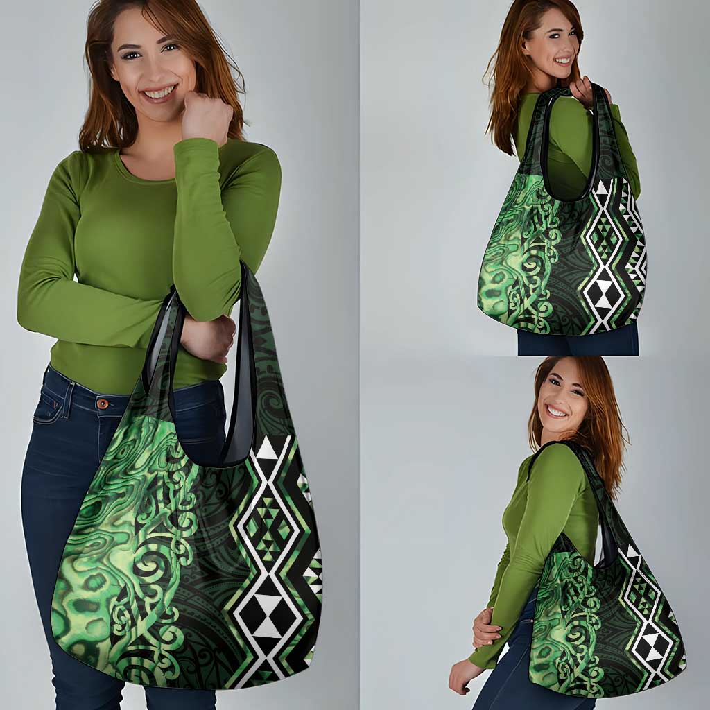 Green Aotearoa Grocery Bag Taniko Motifs With Paua Shell Kowhaiwhai