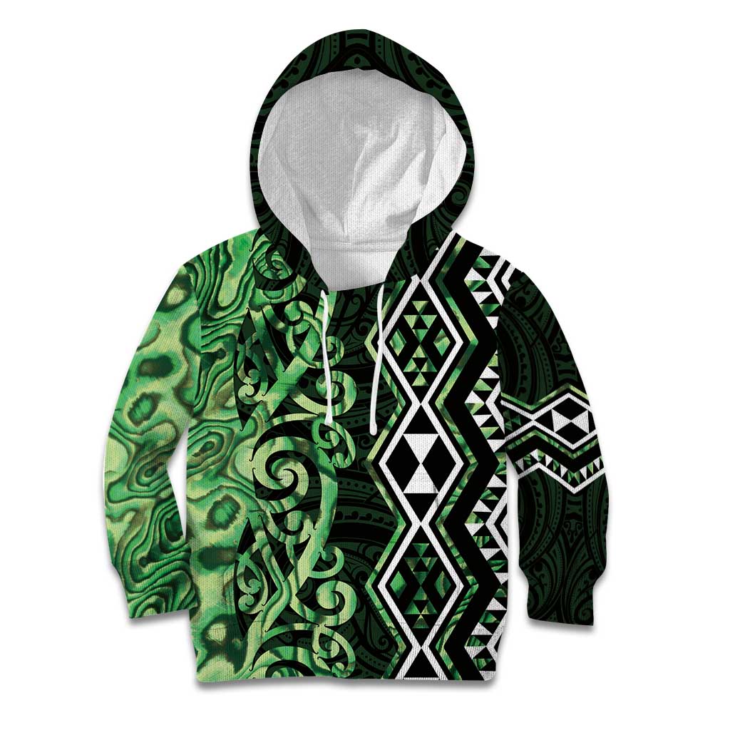 Green Aotearoa Kid Hoodie Taniko Motifs With Paua Shell Kowhaiwhai