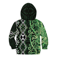 Green Aotearoa Kid Hoodie Taniko Motifs With Paua Shell Kowhaiwhai
