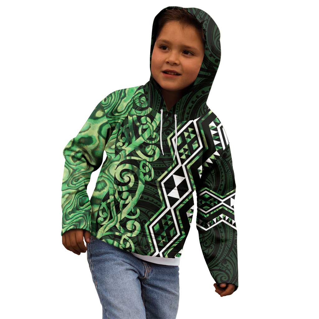 Green Aotearoa Kid Hoodie Taniko Motifs With Paua Shell Kowhaiwhai