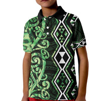Green Aotearoa Kid Polo Shirt Taniko Motifs With Paua Shell Kowhaiwhai