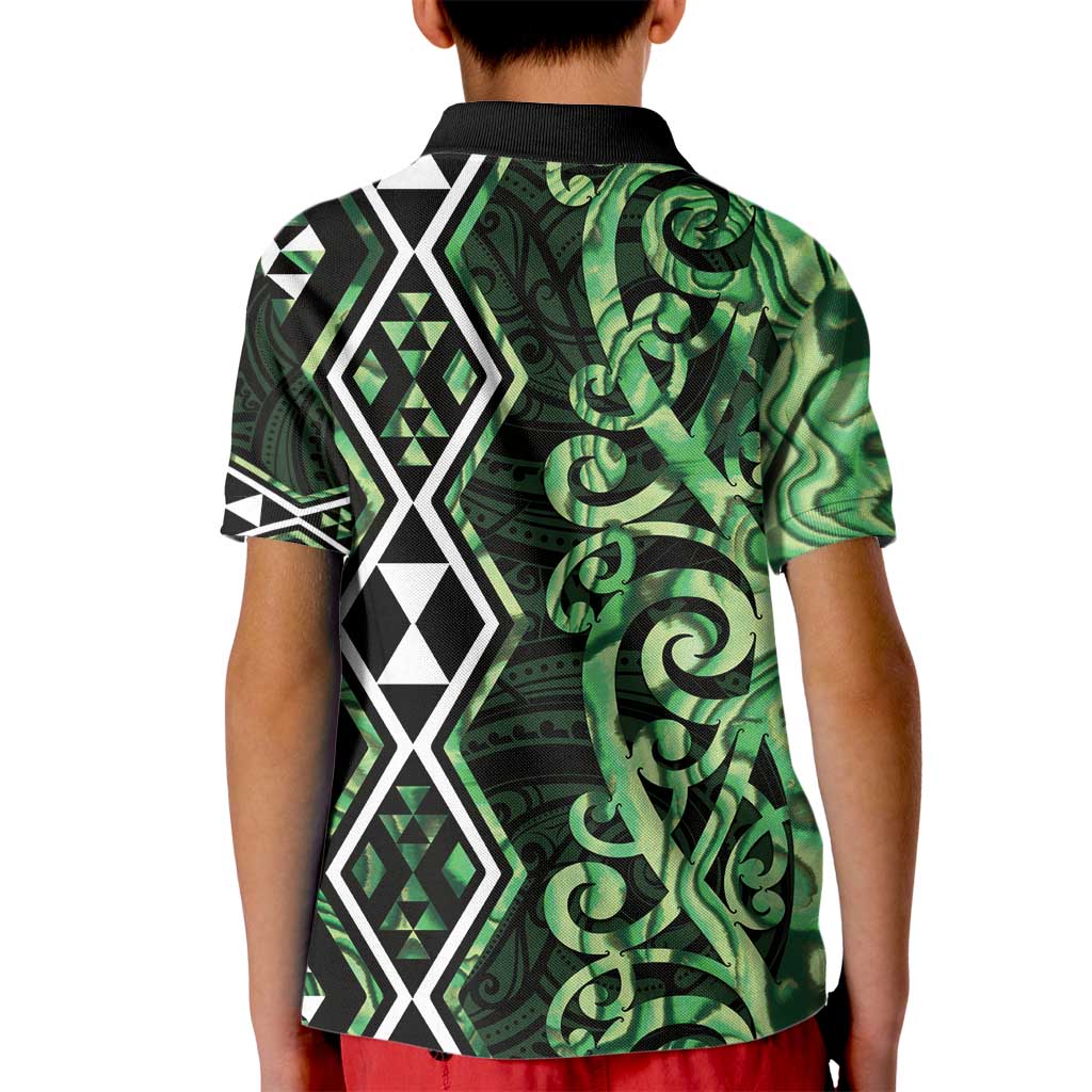 Green Aotearoa Kid Polo Shirt Taniko Motifs With Paua Shell Kowhaiwhai