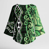 Green Aotearoa Kimono Sleeve Blouse Taniko Motifs With Paua Shell Kowhaiwhai - Polynesian Pride