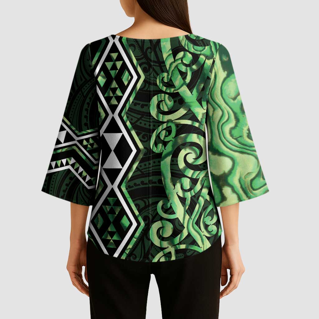 Green Aotearoa Kimono Sleeve Blouse Taniko Motifs With Paua Shell Kowhaiwhai - Polynesian Pride