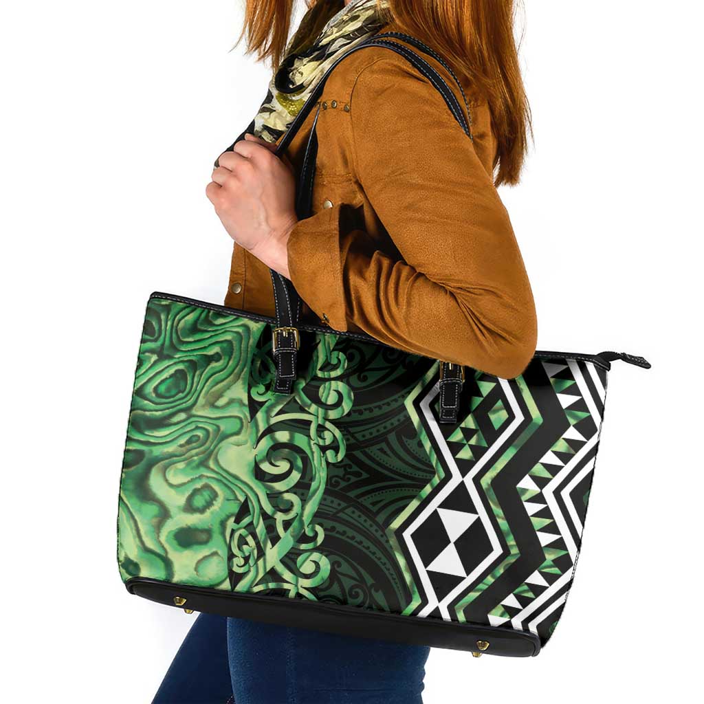 Green Aotearoa Leather Tote Bag Taniko Motifs With Paua Shell Kowhaiwhai LT14 Green - Polynesian Pride