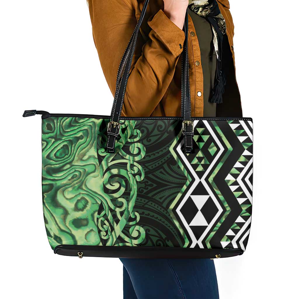 Green Aotearoa Leather Tote Bag Taniko Motifs With Paua Shell Kowhaiwhai LT14 - Polynesian Pride