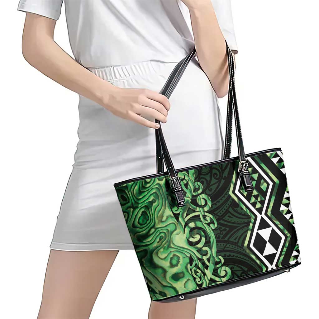 Green Aotearoa Leather Tote Bag Taniko Motifs With Paua Shell Kowhaiwhai LT14 - Polynesian Pride