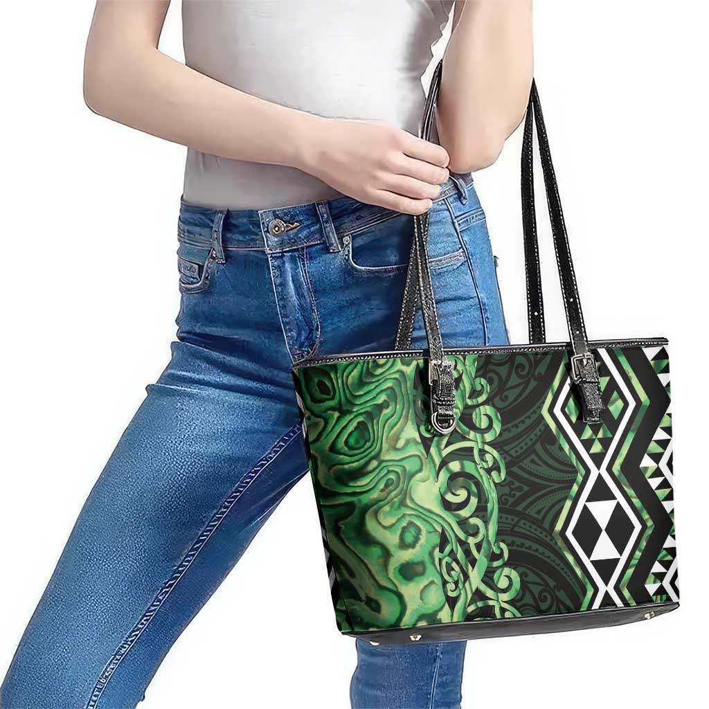 Green Aotearoa Leather Tote Bag Taniko Motifs With Paua Shell Kowhaiwhai LT14 - Polynesian Pride