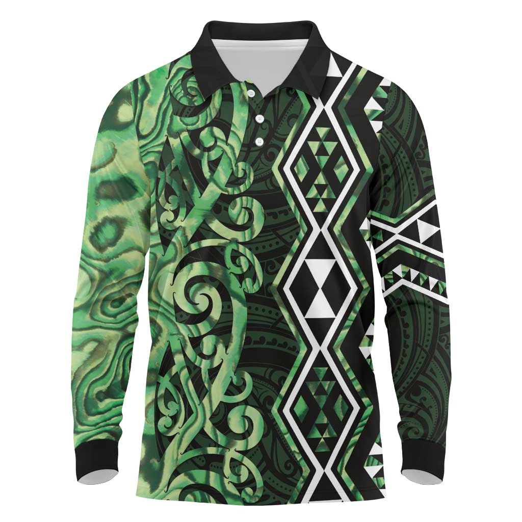 Green Aotearoa Long Sleeve Polo Shirt Taniko Motifs With Paua Shell Kowhaiwhai
