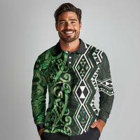 Green Aotearoa Long Sleeve Polo Shirt Taniko Motifs With Paua Shell Kowhaiwhai