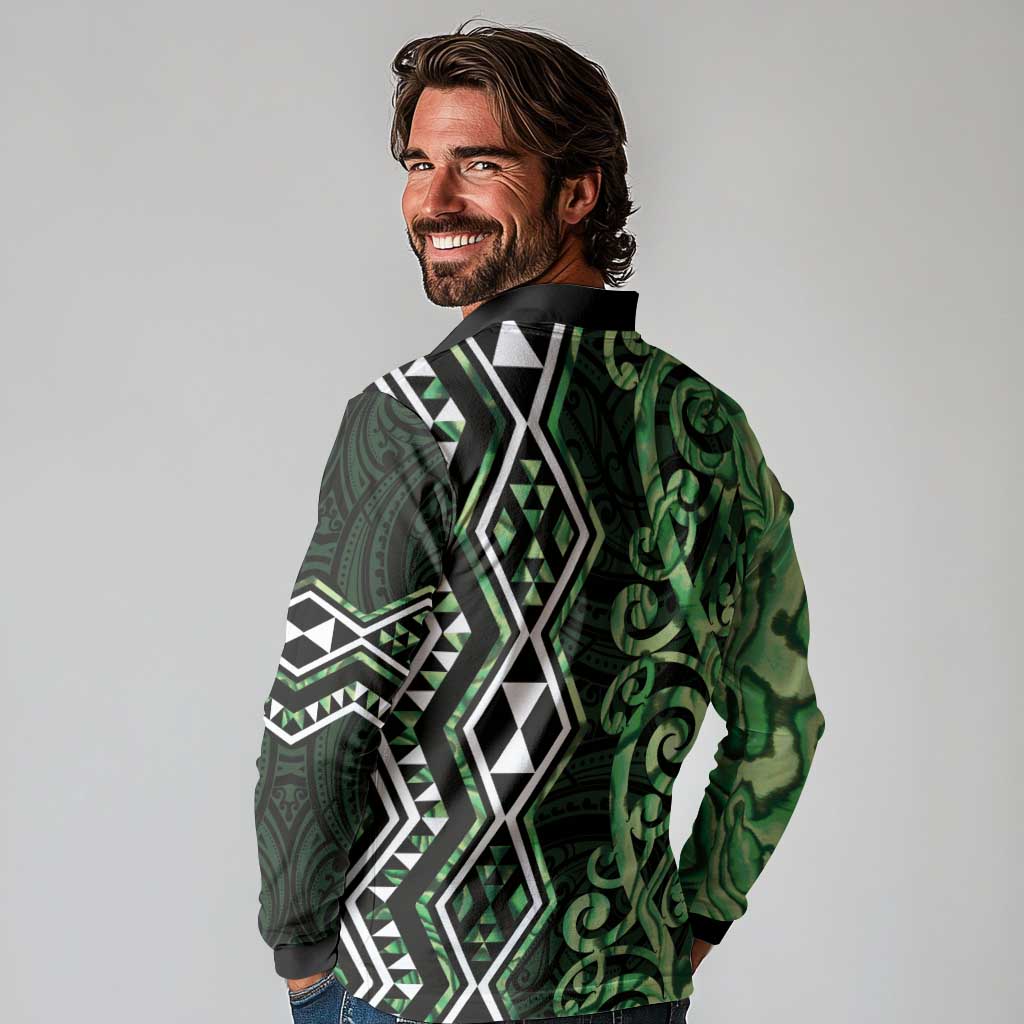 Green Aotearoa Long Sleeve Polo Shirt Taniko Motifs With Paua Shell Kowhaiwhai