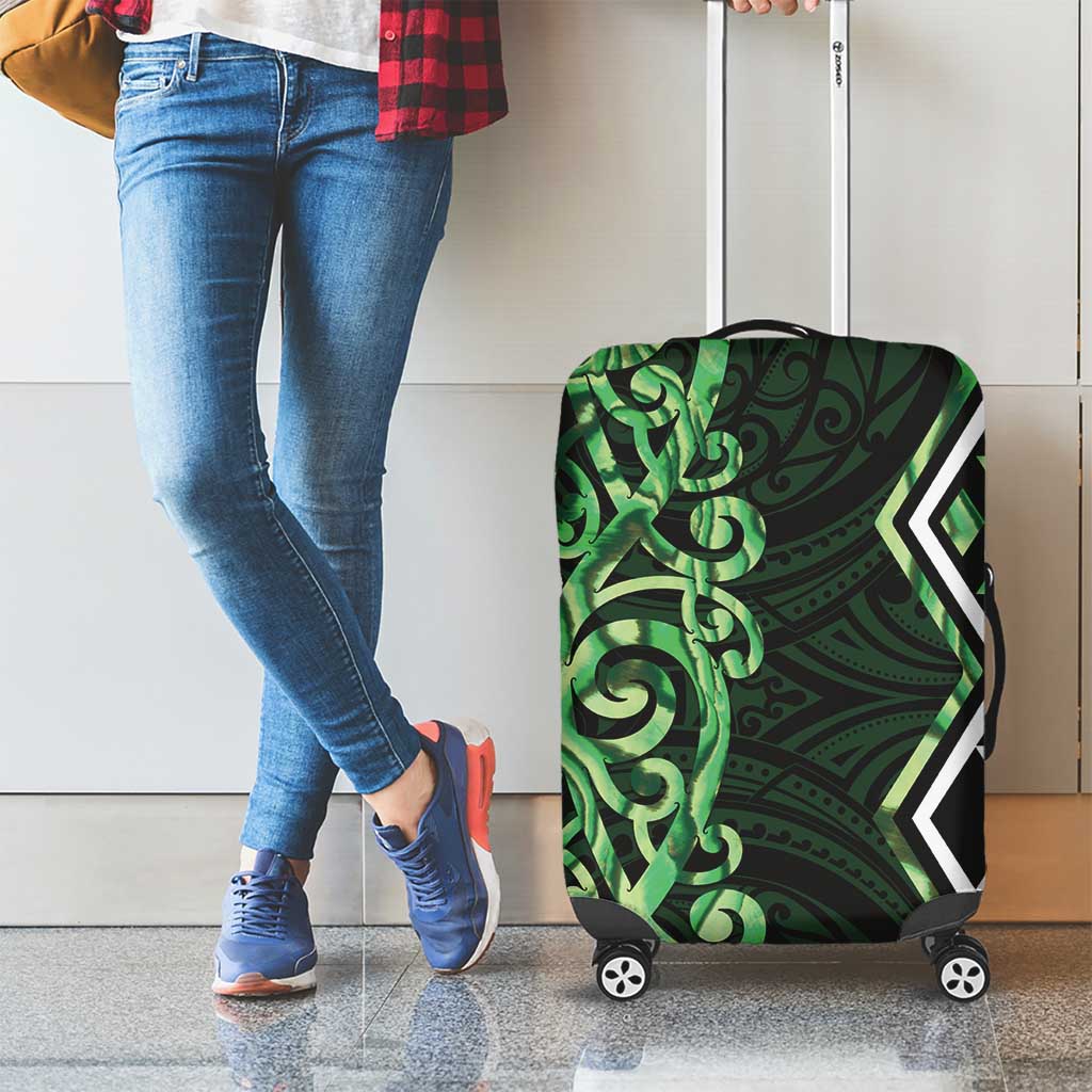 Green Aotearoa Luggage Cover Taniko Motifs With Paua Shell Kowhaiwhai