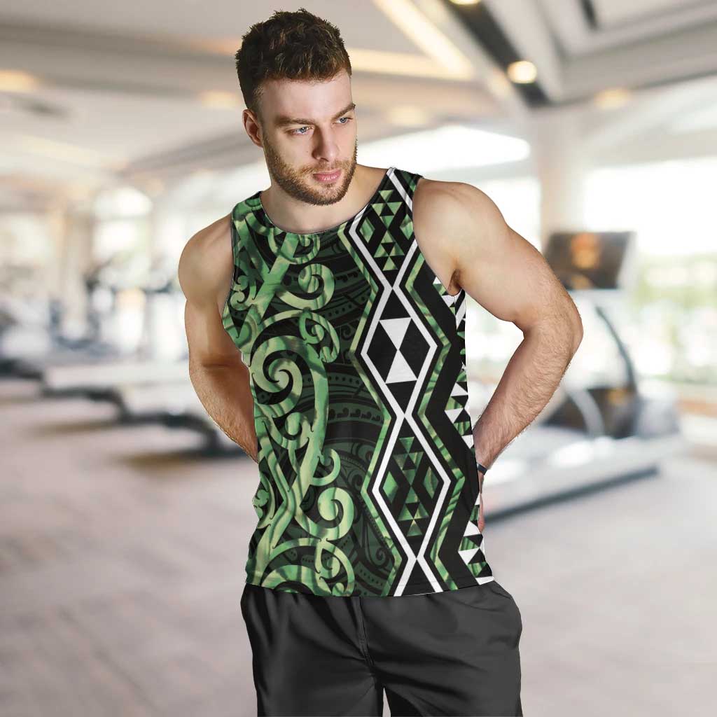 Green Aotearoa Men Tank Top Taniko Motifs With Paua Shell Kowhaiwhai LT14 Green - Polynesian Pride