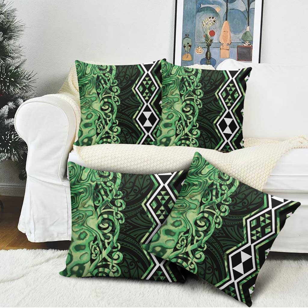 Green Aotearoa Pillow Cover Taniko Motifs With Paua Shell Kowhaiwhai - Polynesian Pride