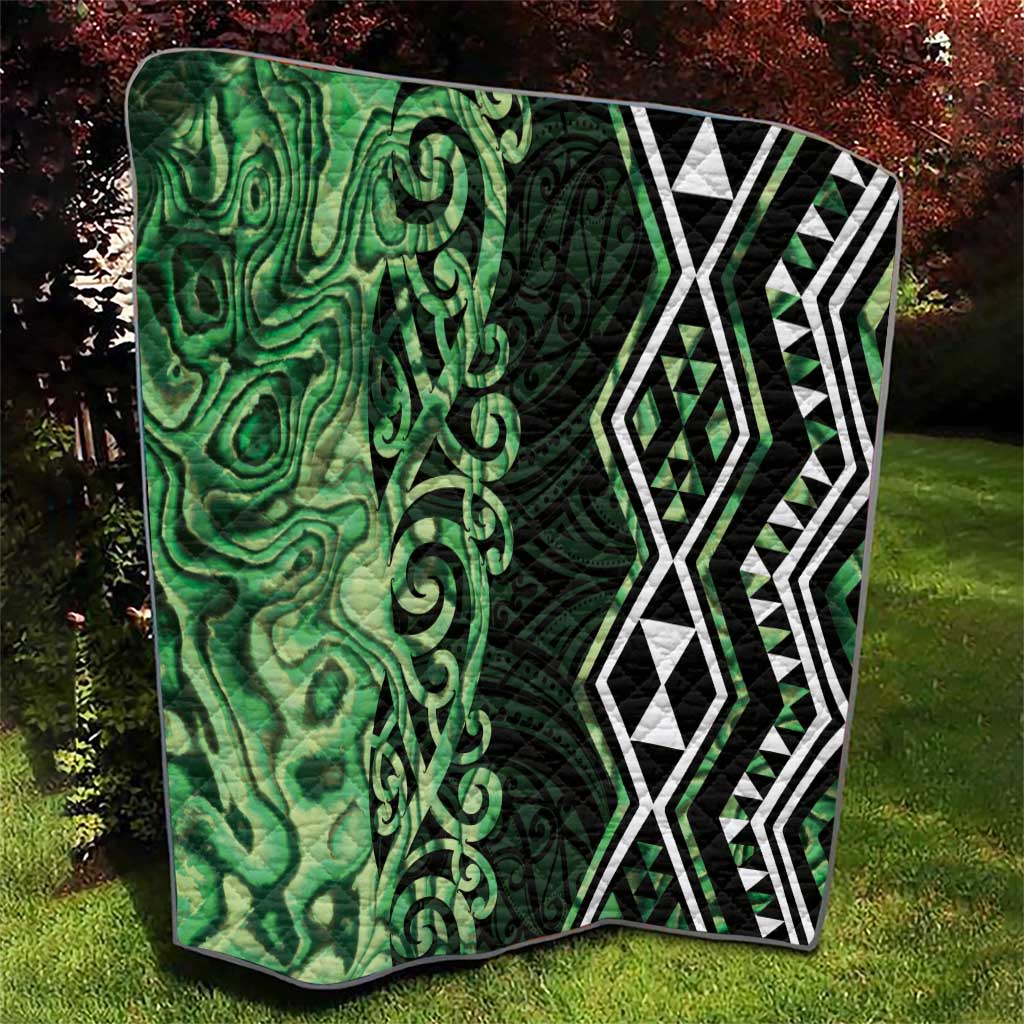 Green Aotearoa Quilt Taniko Motifs With Paua Shell Kowhaiwhai