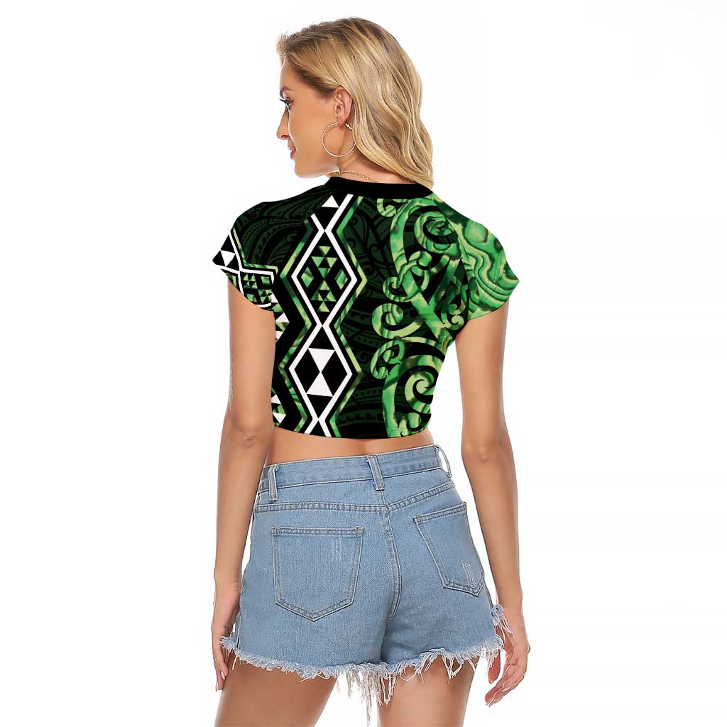 Green Aotearoa Raglan Cropped T Shirt Taniko Motifs With Paua Shell Kowhaiwhai LT14 - Polynesian Pride