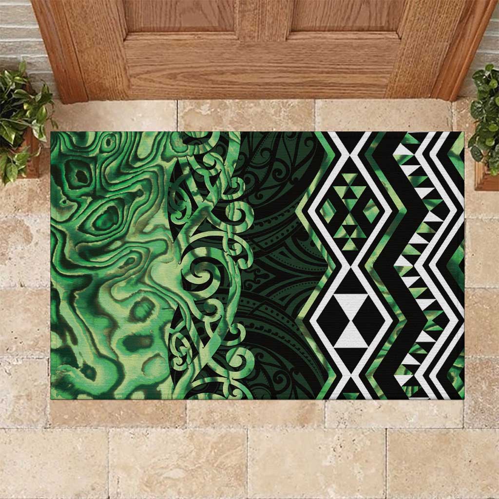 Green Aotearoa Rubber Doormat Taniko Motifs With Paua Shell Kowhaiwhai LT14 Green - Polynesian Pride
