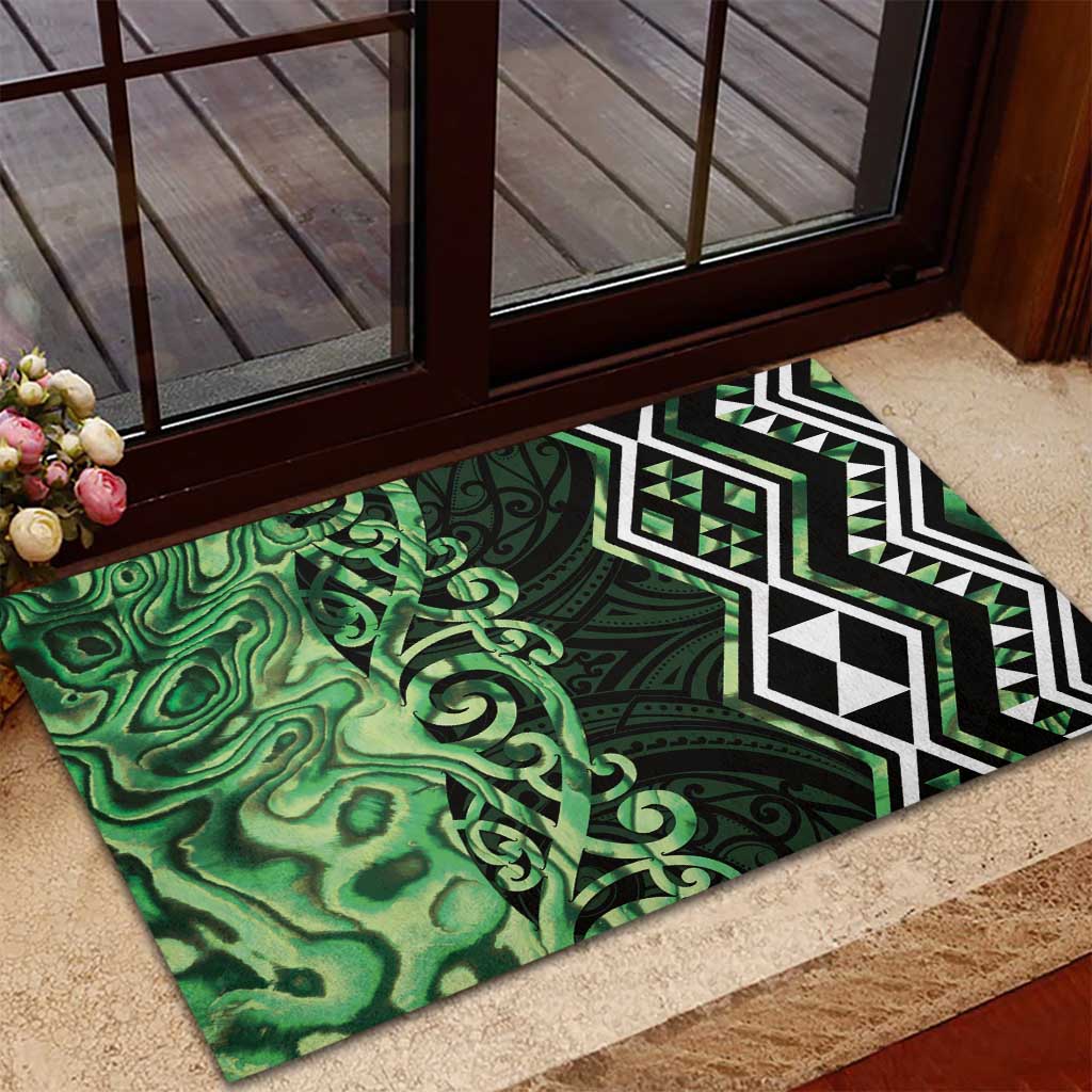 Green Aotearoa Rubber Doormat Taniko Motifs With Paua Shell Kowhaiwhai LT14 - Polynesian Pride