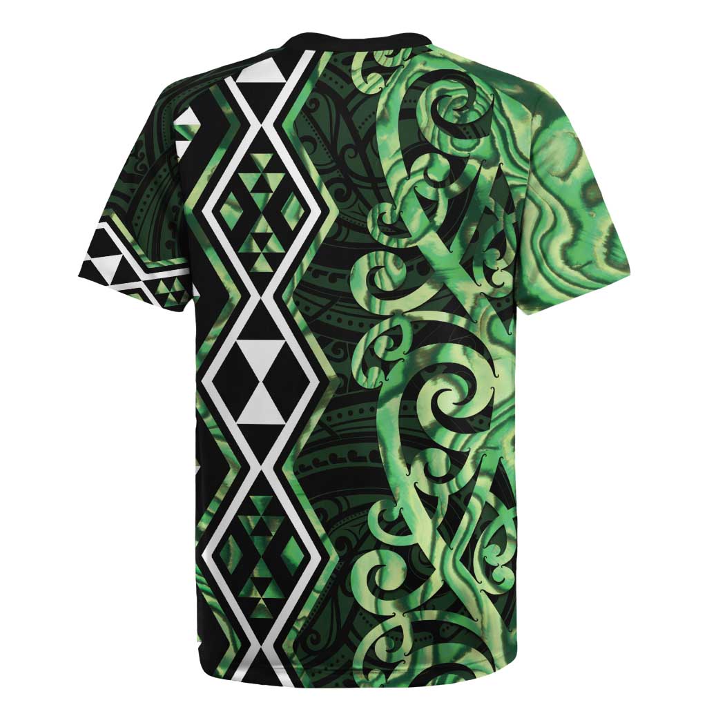 Green Aotearoa Rugby Jersey Taniko Motifs With Paua Shell Kowhaiwhai LT14 - Polynesian Pride