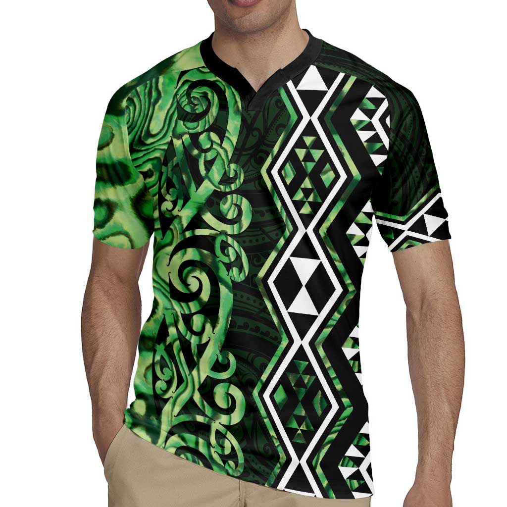 Green Aotearoa Rugby Jersey Taniko Motifs With Paua Shell Kowhaiwhai LT14 - Polynesian Pride