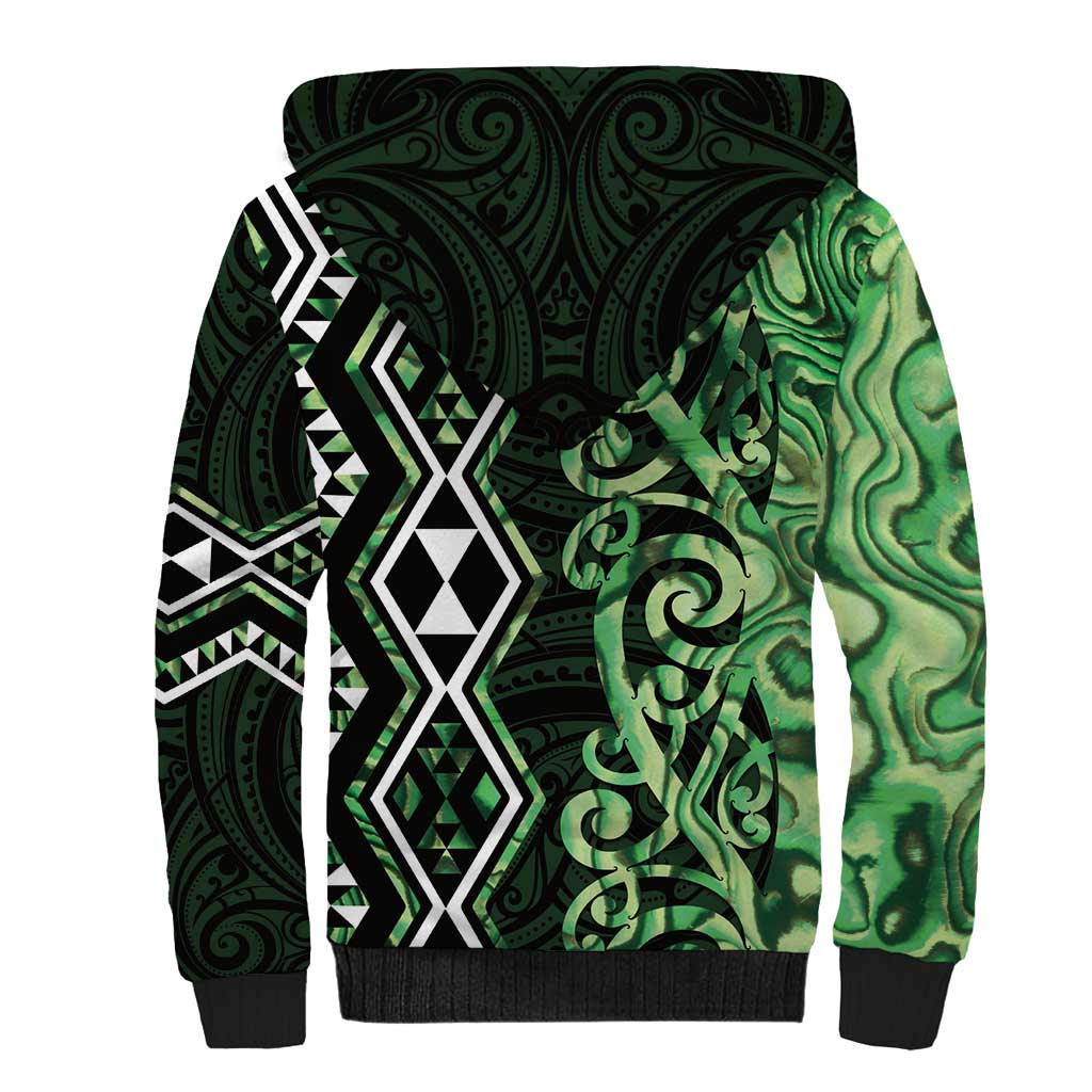 Green Aotearoa Sherpa Hoodie Taniko Motifs With Paua Shell Kowhaiwhai LT14 - Polynesian Pride