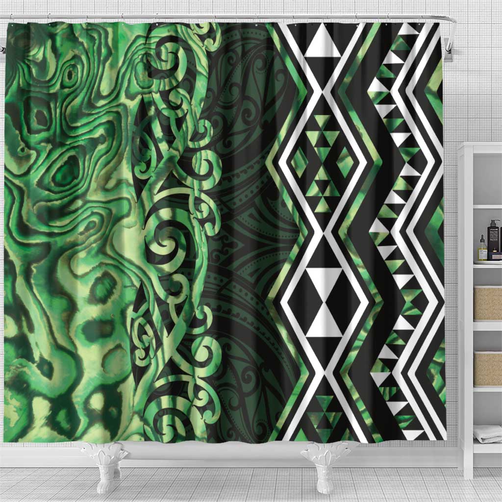 Green Aotearoa Shower Curtain Taniko Motifs With Paua Shell Kowhaiwhai