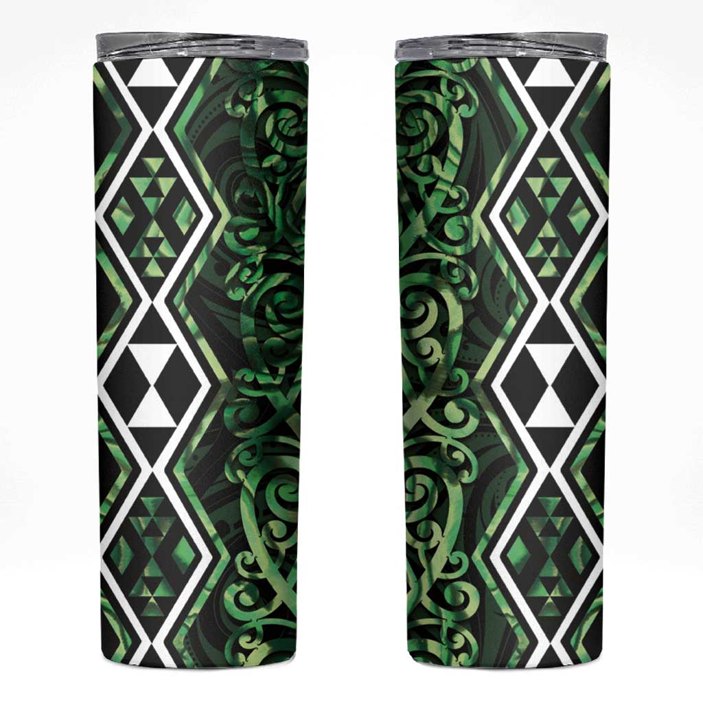 Green Aotearoa Skinny Tumbler Taniko Motifs With Paua Shell Kowhaiwhai