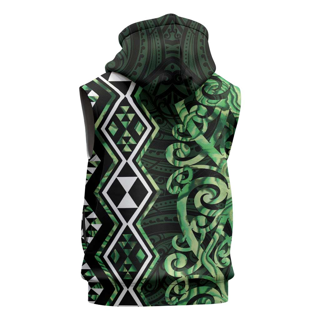 Green Aotearoa Sleeveless Zip Hoodie Taniko Motifs With Paua Shell Kowhaiwhai - Polynesian Pride