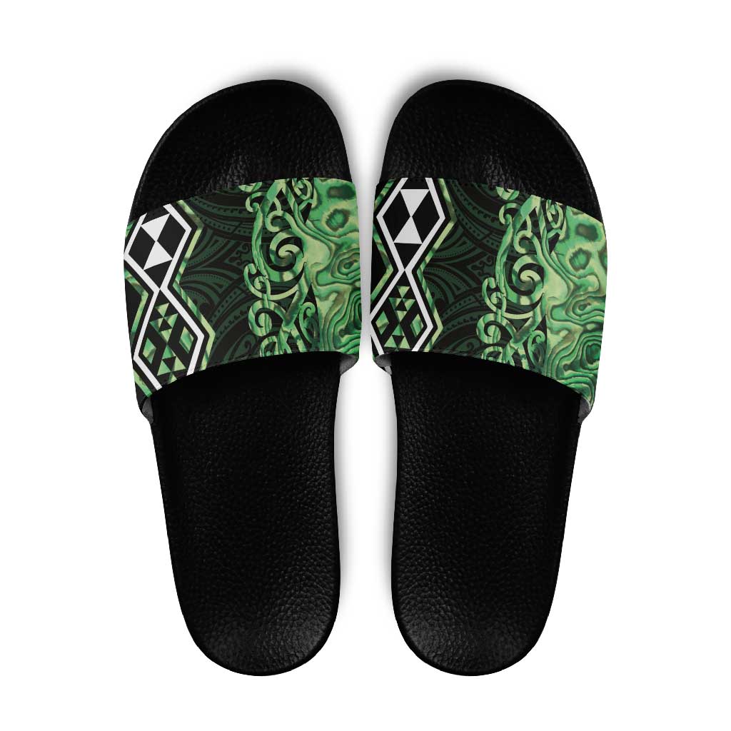 Green Aotearoa Slide Sandals Taniko Motifs With Paua Shell Kowhaiwhai - Polynesian Pride