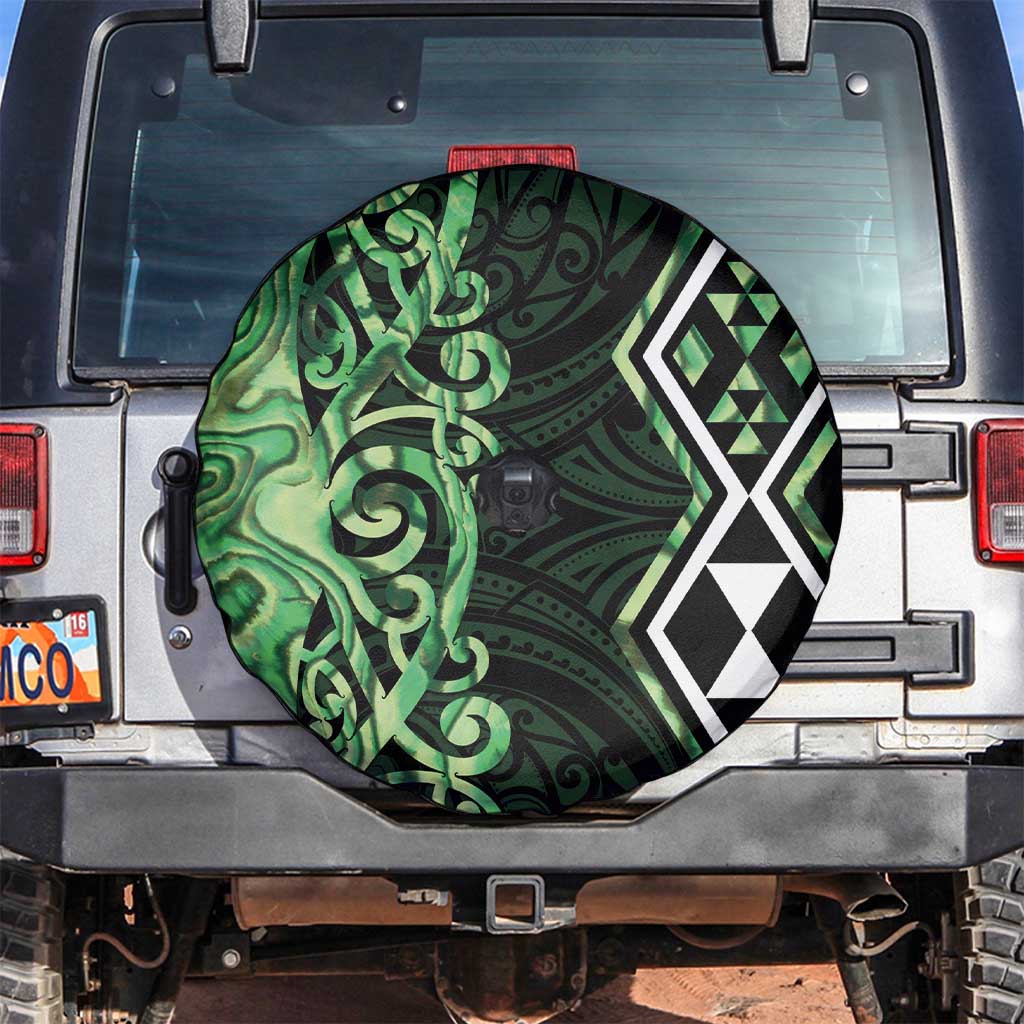 Green Aotearoa Spare Tire Cover Taniko Motifs With Paua Shell Kowhaiwhai LT14 Green - Polynesian Pride