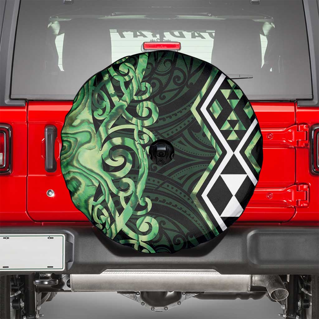Green Aotearoa Spare Tire Cover Taniko Motifs With Paua Shell Kowhaiwhai LT14 - Polynesian Pride