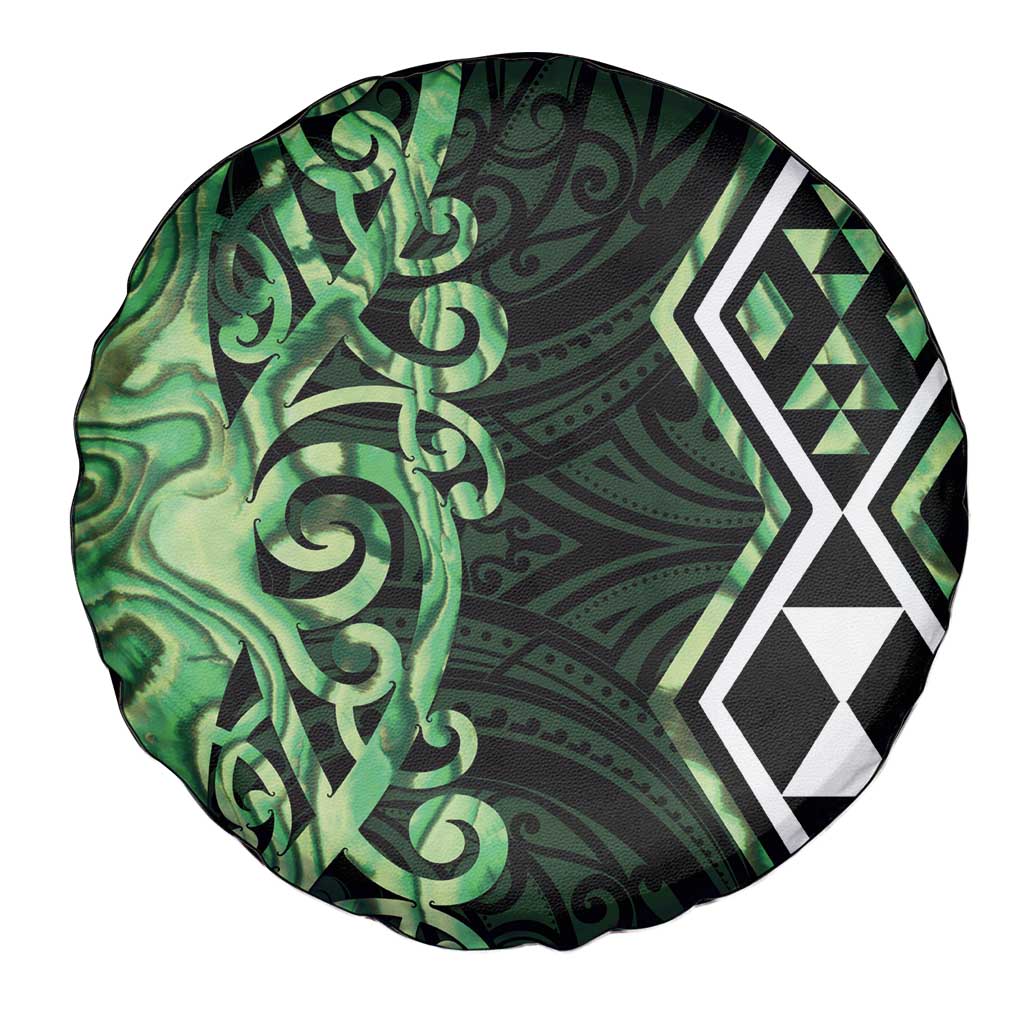 Green Aotearoa Spare Tire Cover Taniko Motifs With Paua Shell Kowhaiwhai LT14 - Polynesian Pride