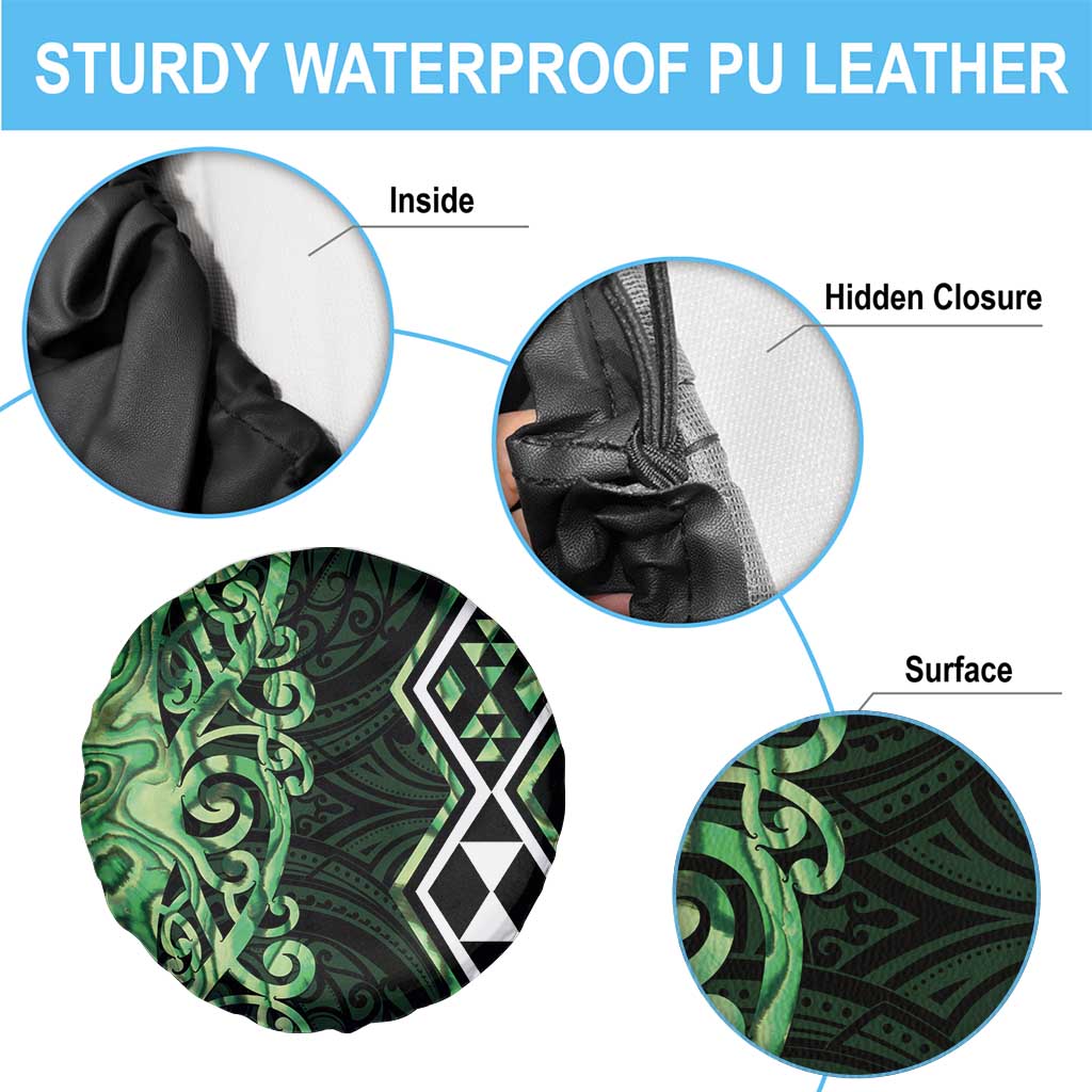 Green Aotearoa Spare Tire Cover Taniko Motifs With Paua Shell Kowhaiwhai LT14 - Polynesian Pride
