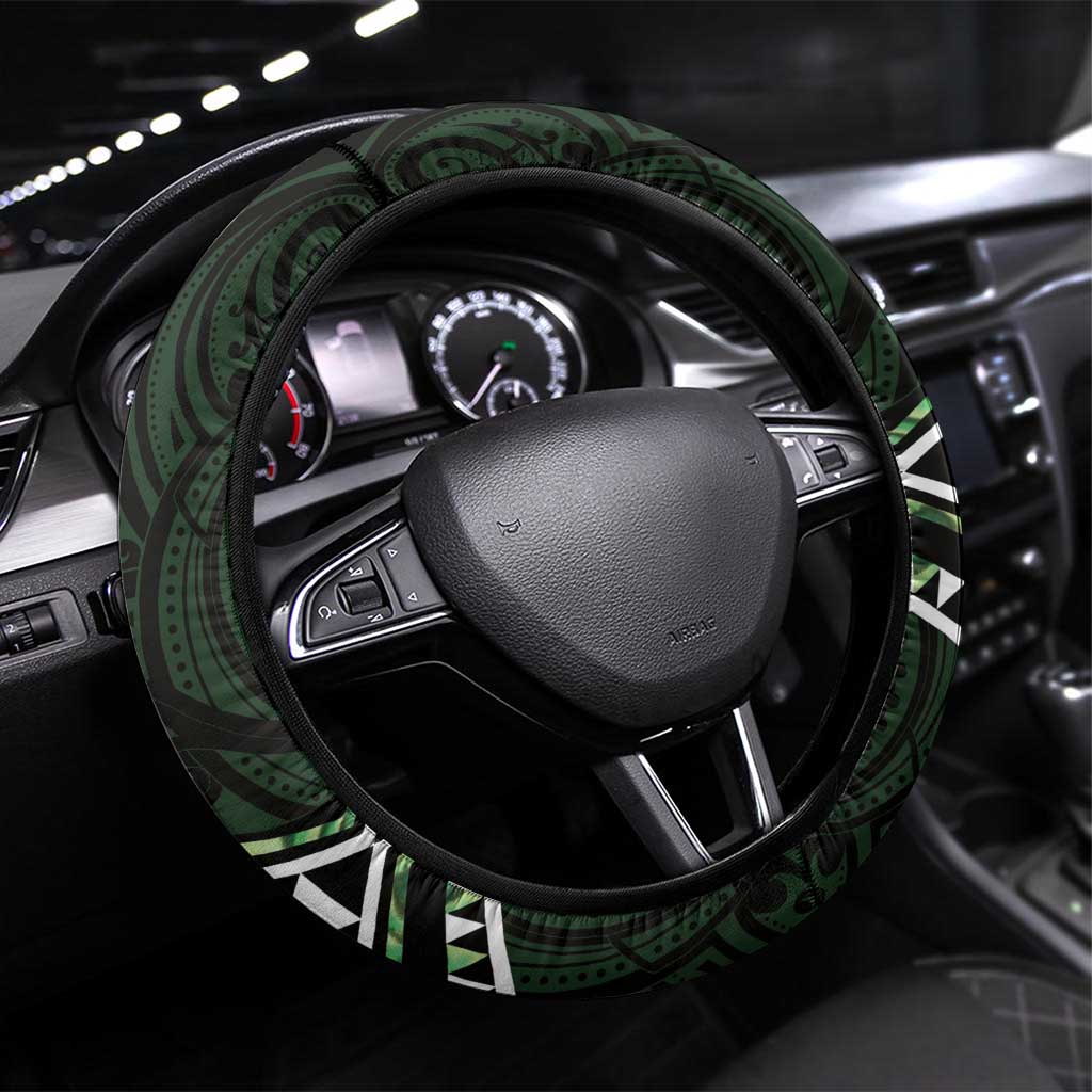 Green Aotearoa Steering Wheel Cover Taniko Motifs With Paua Shell Kowhaiwhai LT14 Universal Fit Green - Polynesian Pride