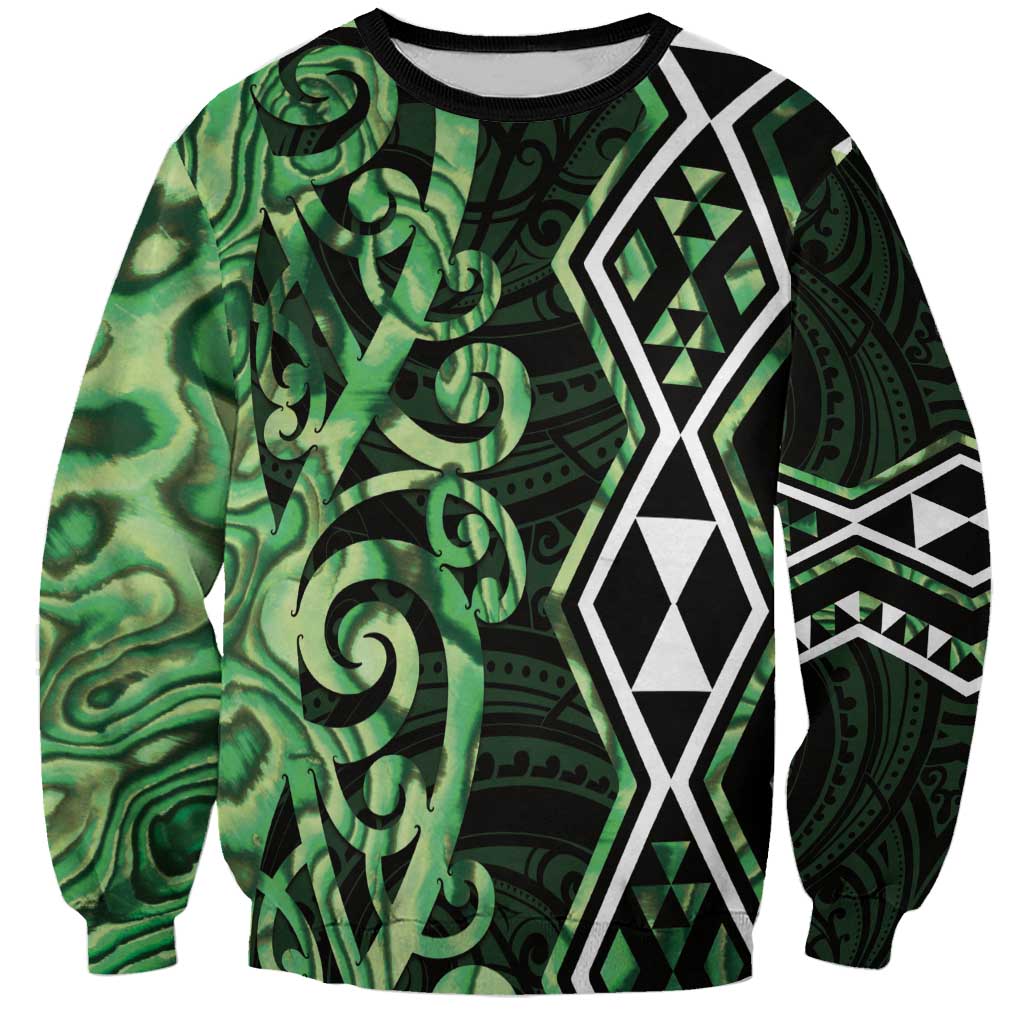 Green Aotearoa Sweatshirt Taniko Motifs With Paua Shell Kowhaiwhai LT14 Unisex Green - Polynesian Pride