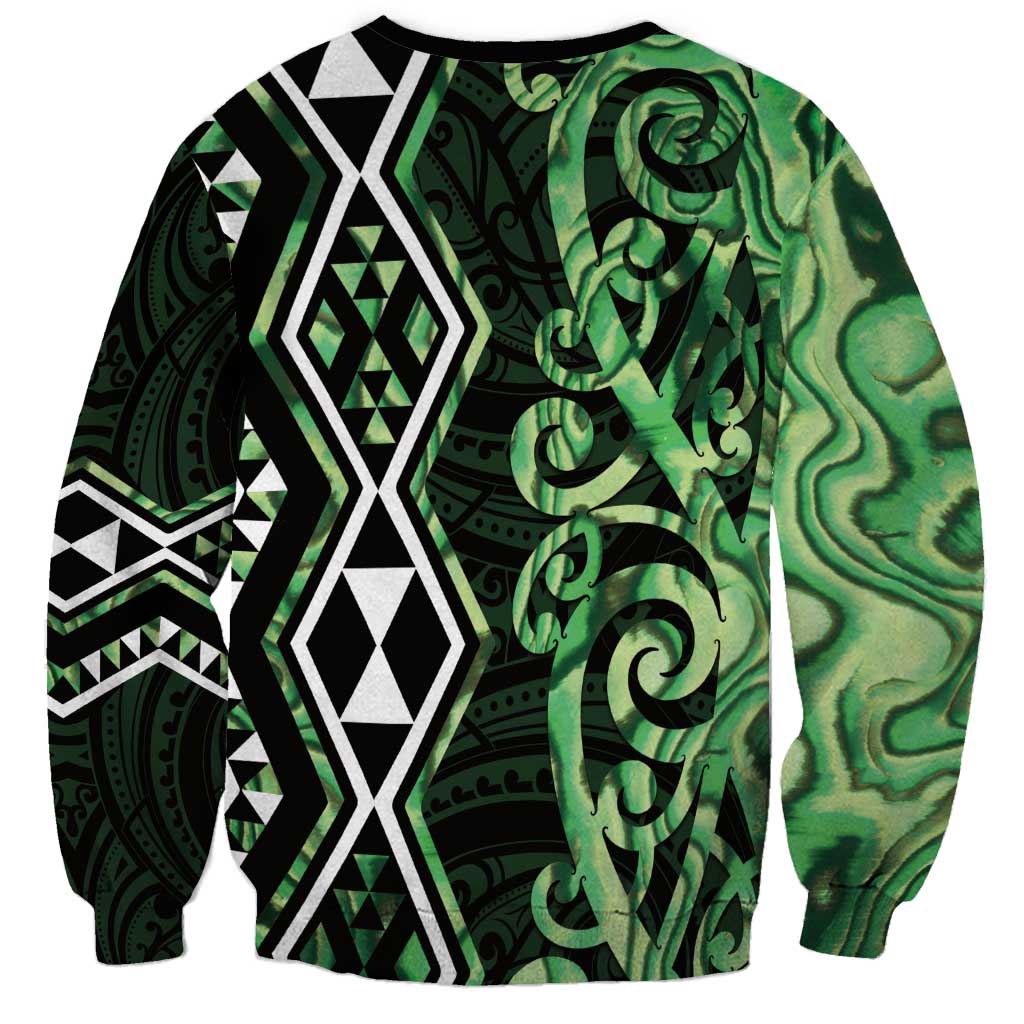 Green Aotearoa Sweatshirt Taniko Motifs With Paua Shell Kowhaiwhai LT14 - Polynesian Pride
