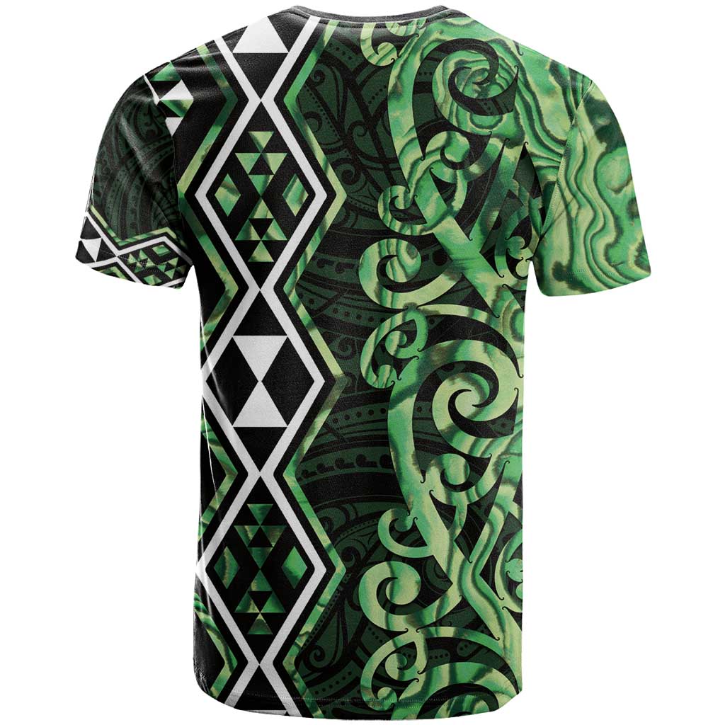 Green Aotearoa T Shirt Taniko Motifs With Paua Shell Kowhaiwhai