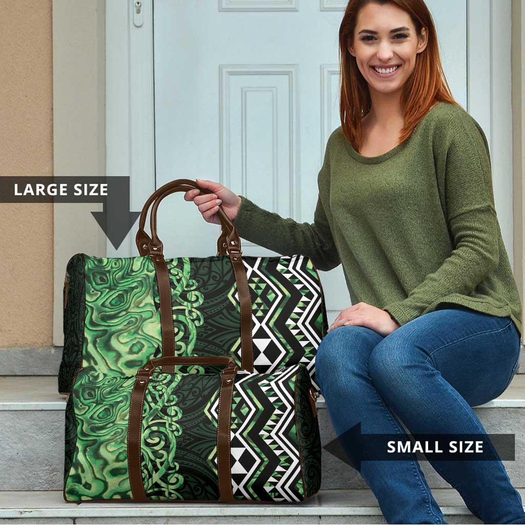 Green Aotearoa Travel Bag Taniko Motifs With Paua Shell Kowhaiwhai - Polynesian Pride