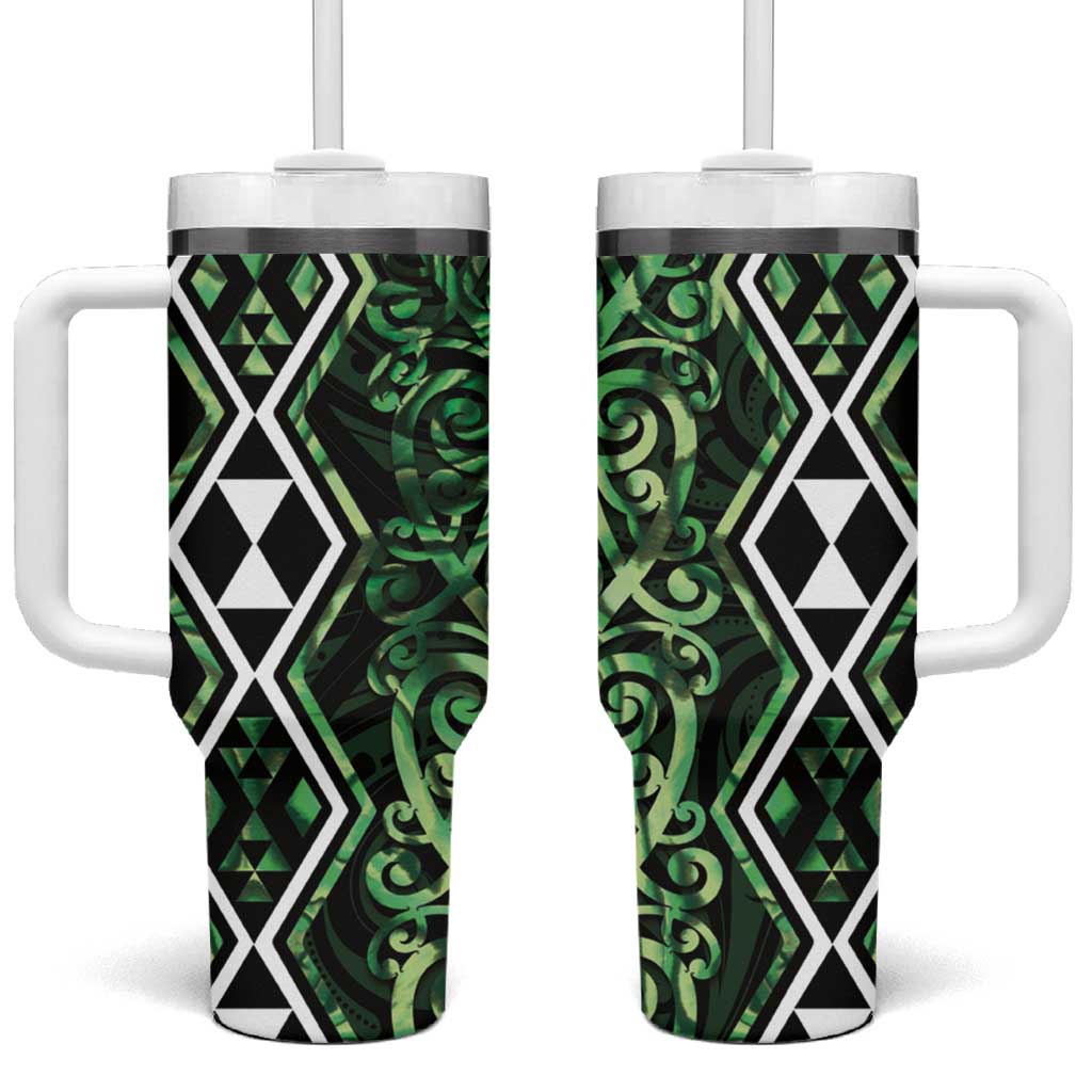 Green Aotearoa Tumbler With Handle Taniko Motifs With Paua Shell Kowhaiwhai LT14 One Size: 40 oz Green - Polynesian Pride
