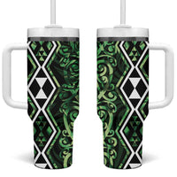 Green Aotearoa Tumbler With Handle Taniko Motifs With Paua Shell Kowhaiwhai LT14 One Size: 40 oz Green - Polynesian Pride