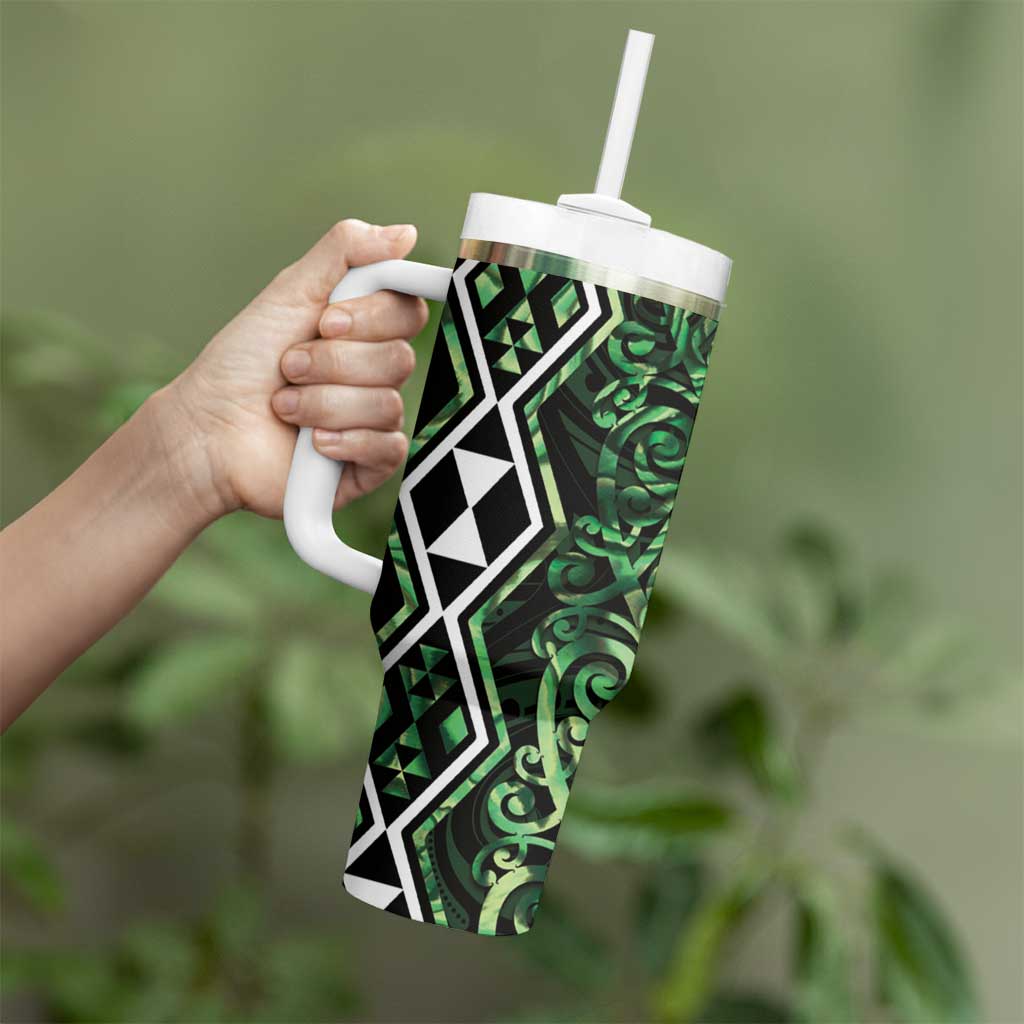 Green Aotearoa Tumbler With Handle Taniko Motifs With Paua Shell Kowhaiwhai LT14 - Polynesian Pride