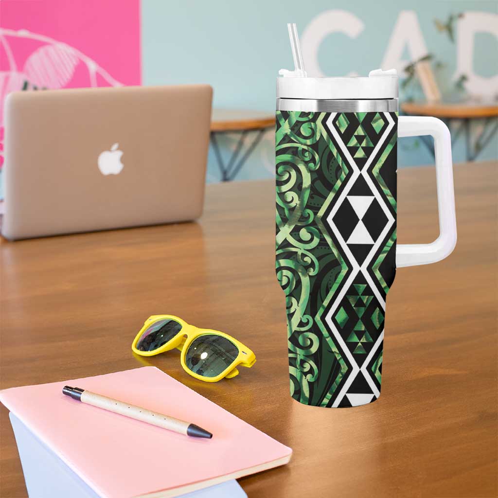 Green Aotearoa Tumbler With Handle Taniko Motifs With Paua Shell Kowhaiwhai LT14 - Polynesian Pride